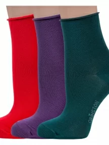 Комплект из 3 пар женских носков без резинки Grinston socks (PINGONS) из мерсеризованного хлопка, 3-15D22, микс 5