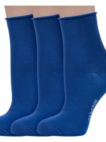 Комплект из 3 пар женских носков без резинки Grinston socks (PINGONS) из мерсеризованного хлопка, 3-15D22, СИНИЕ