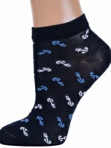 Женские короткие носки из мерсеризованного хлопка LORENZline, Д94, ТЕМНО-СИНИЕ с голубыми и белыми якорями